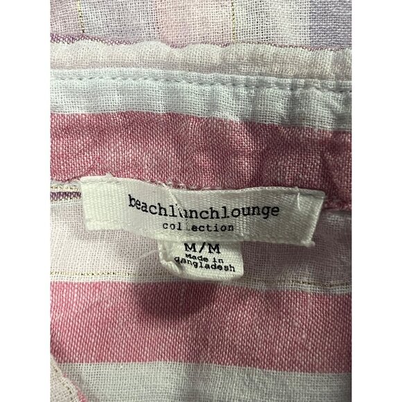 Beach Lunch Lounge Pink Purple Stripe Linen Cotton Short Sleeve Shirt Medium M - Picture 6 of 8